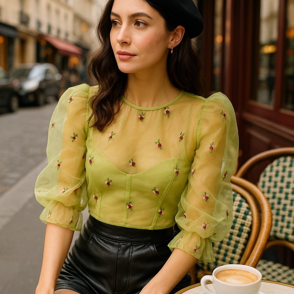 Zara Sheer Floral Puff Sleeve Top XS | Pistachio Green Romantic Euro Chic